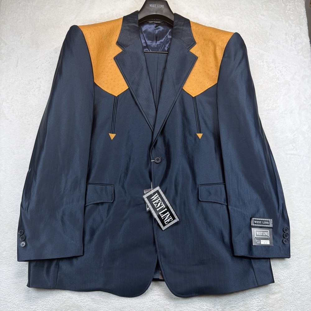Vintage Western Cowboy Suit Mens 48 40 Navy Gold Rodeo 2 Piece NWT Deadstock